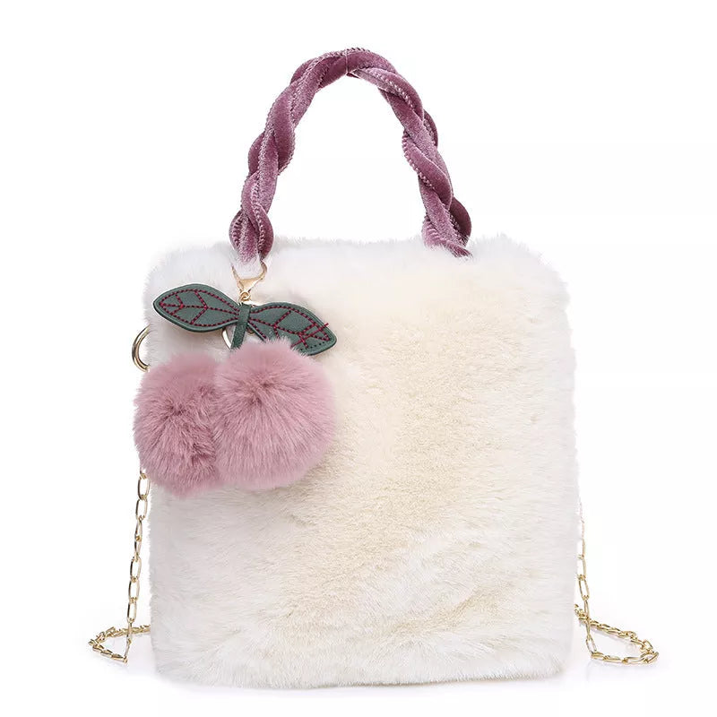 Large capacity plush travel bucket bag in soft material for winter