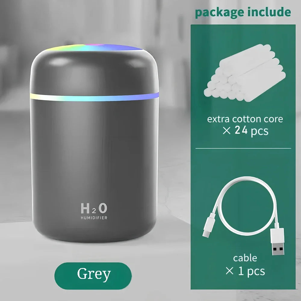 Compact USB car humidifier with colourful LED light and 300ml water tank for vehicle use