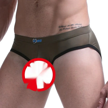 Men's ice silk bazooka briefs in mid waist design with bullet separation, available in multiple colours
