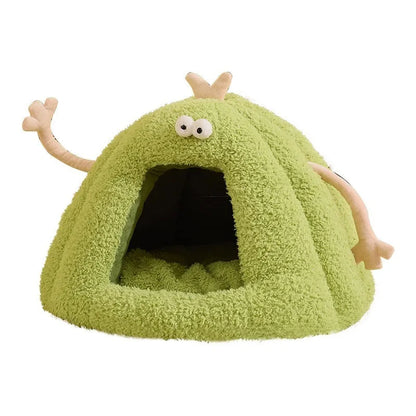 Monster-shaped semi-enclosed cat kennel in bubble velvet material available in green, purple and yellow colours