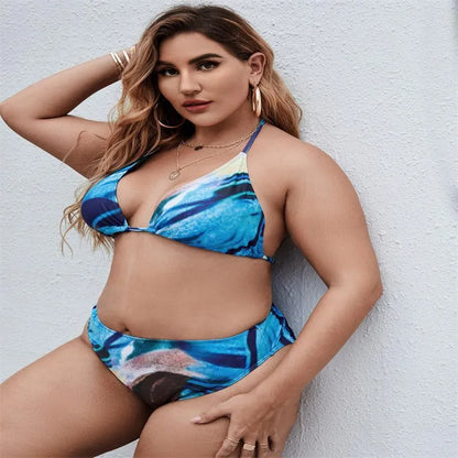 Sapphire blue women's plus size bikini three-piece set for swimming