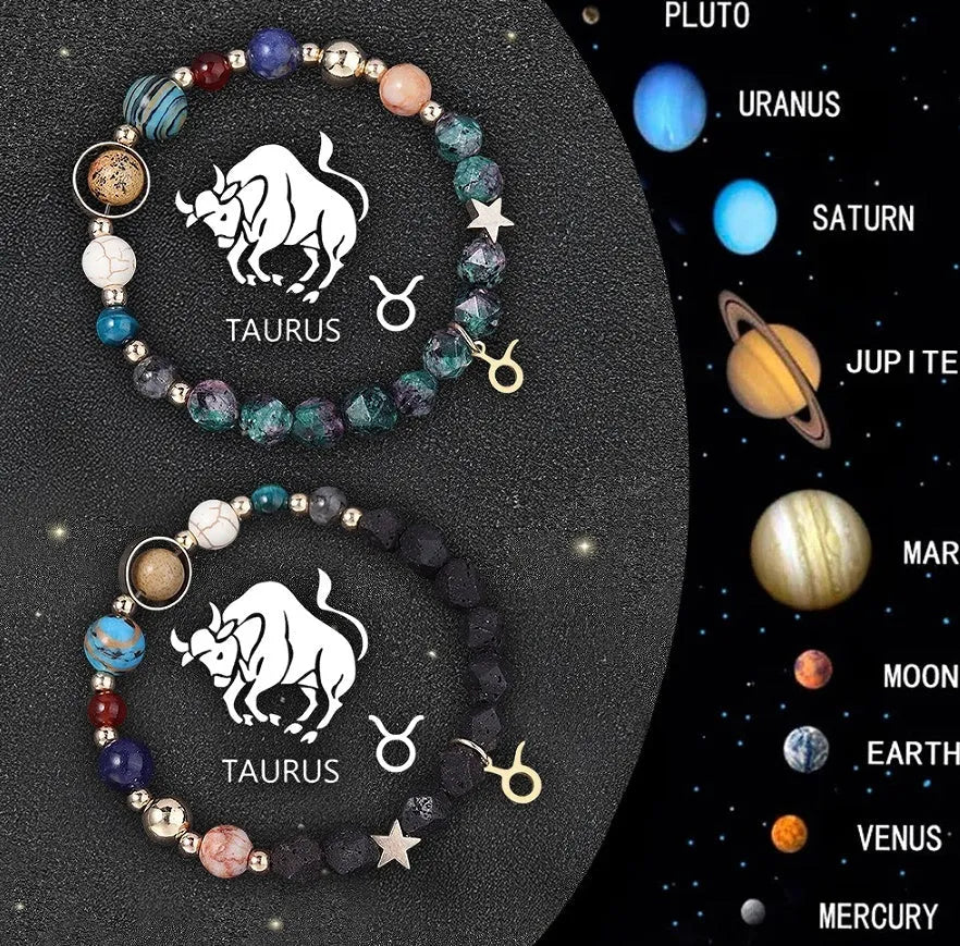 Two natural stone zodiac bracelets with adjustable cords showing sliding knot mechanism and zodiac bead details