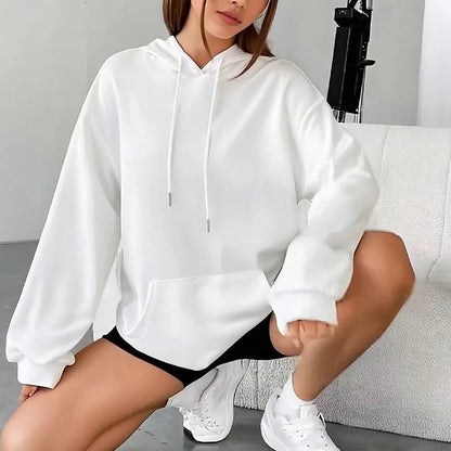 Women's loose grey sweatshirt with drawstring neck and front pocket, long sleeves, available in 17 colours