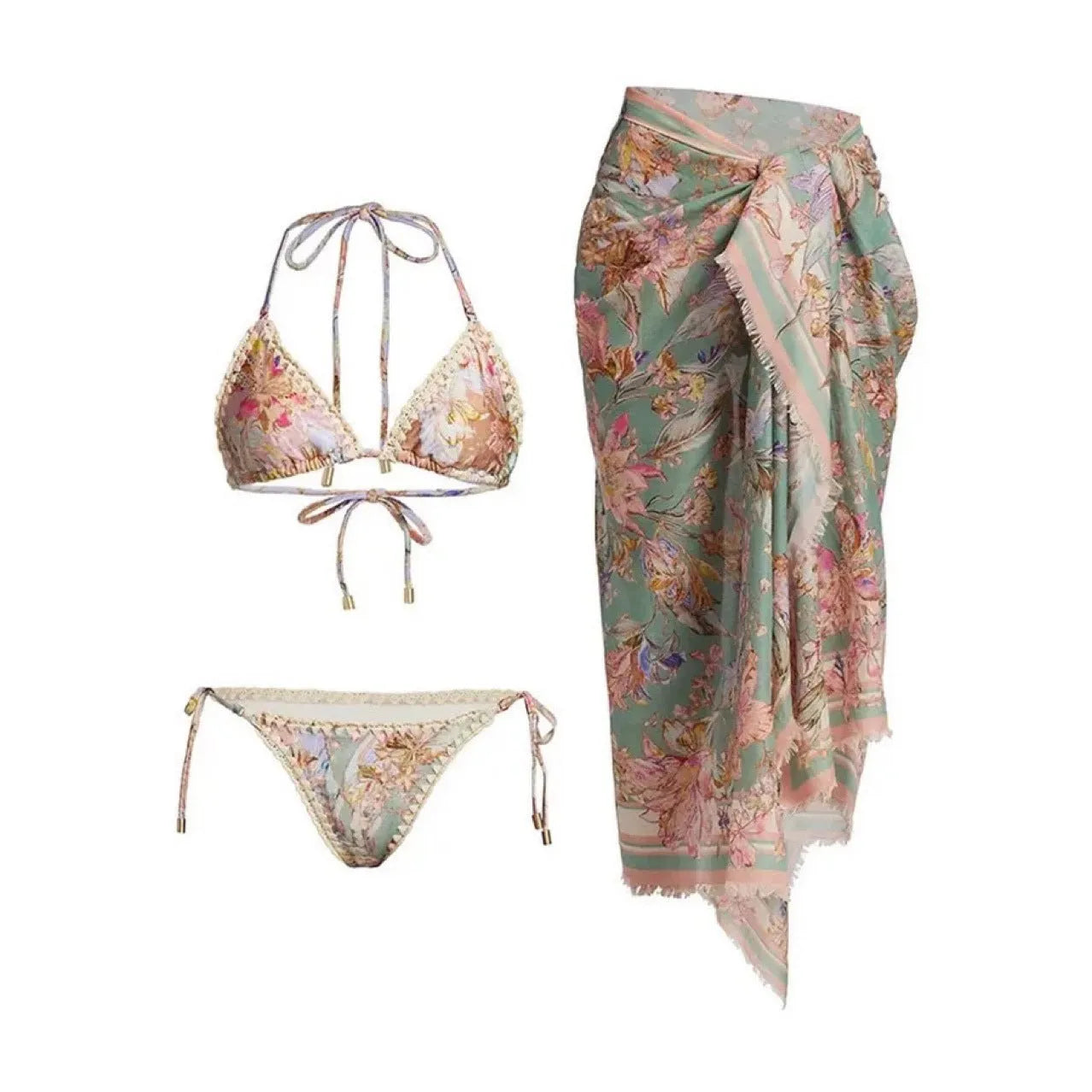 Women's creamy-white floral bikini set with detachable skirt for beach and pool use