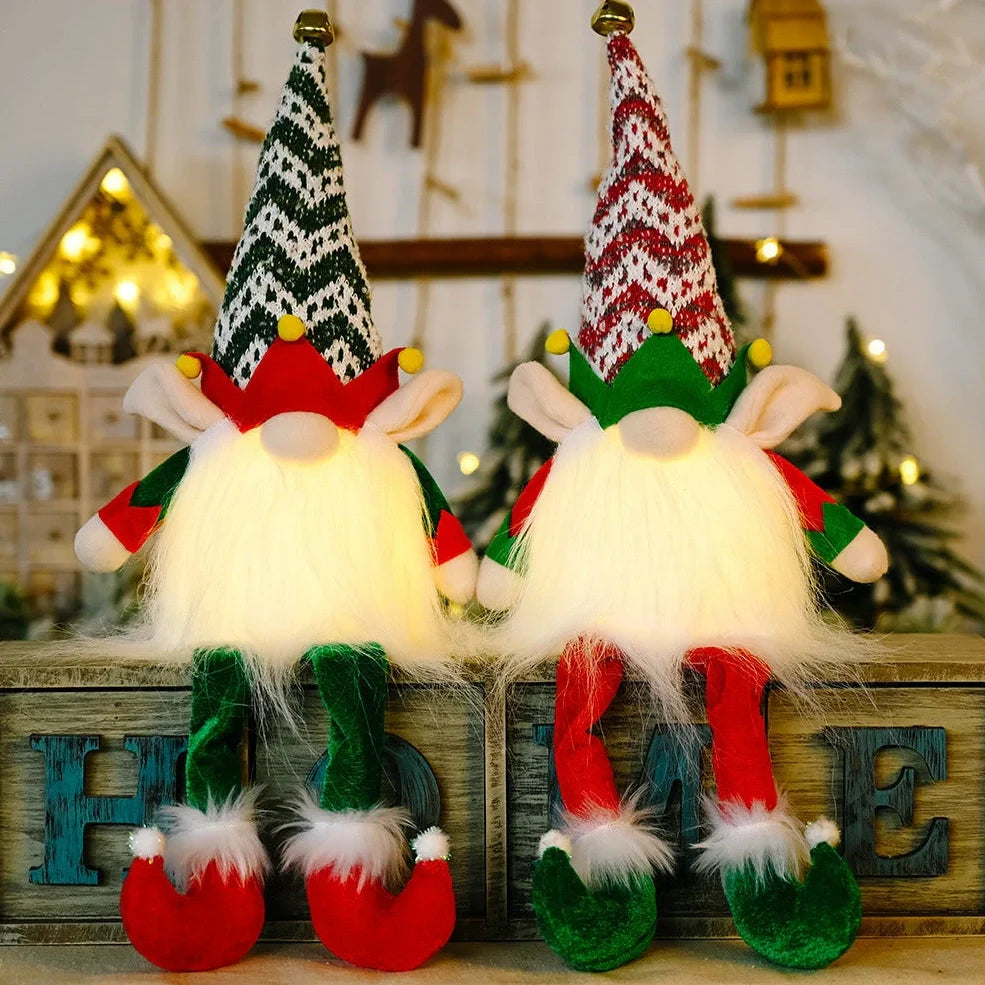 Christmas elf Rudolph doll with LED lights and striped fabric hat, 25cm tall