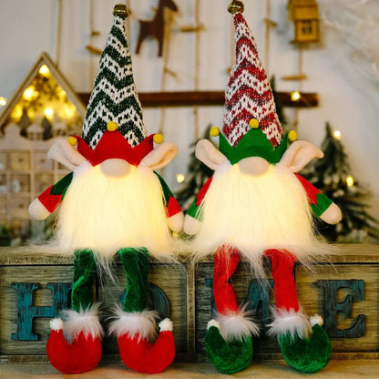 Christmas elf Rudolph doll with LED lights and striped fabric hat, 25cm tall