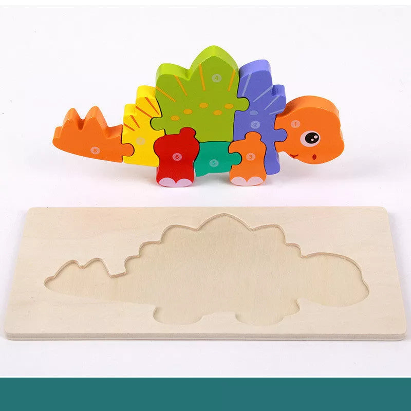 Wooden dinosaur 3D puzzle set for kids, including six different dinosaur models