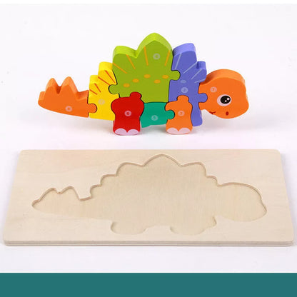 Wooden dinosaur 3D puzzle set for kids, including six different dinosaur models