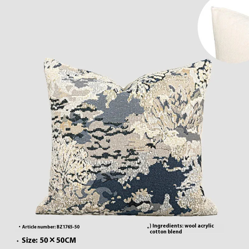Square decorative cushion with botanical pattern in antique blue, wool blend fabric, feather velvet filler