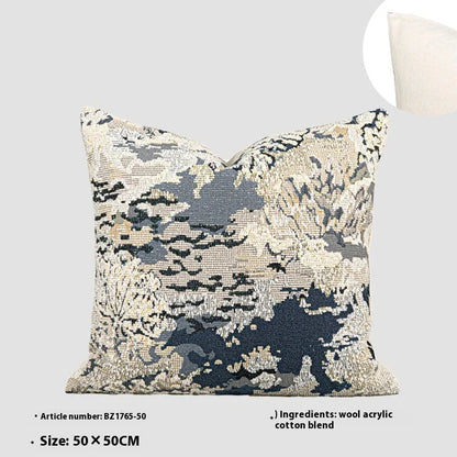Square decorative cushion with botanical pattern in antique blue, wool blend fabric, feather velvet filler