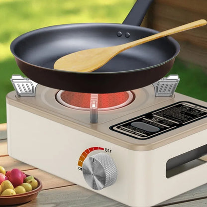 White stainless steel portable infrared gas stove for outdoor camping use.
