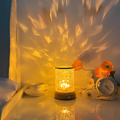 Gold crystal night light projecting water ripples with rotating mechanism and wooden base