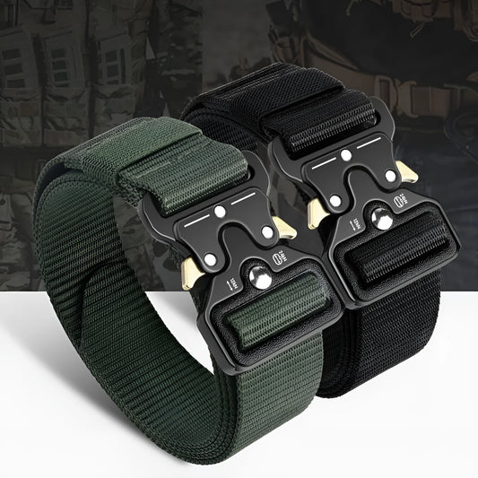 Men's thick canvas tactical belt with an alloy release buckle, shown in Army Green colour.