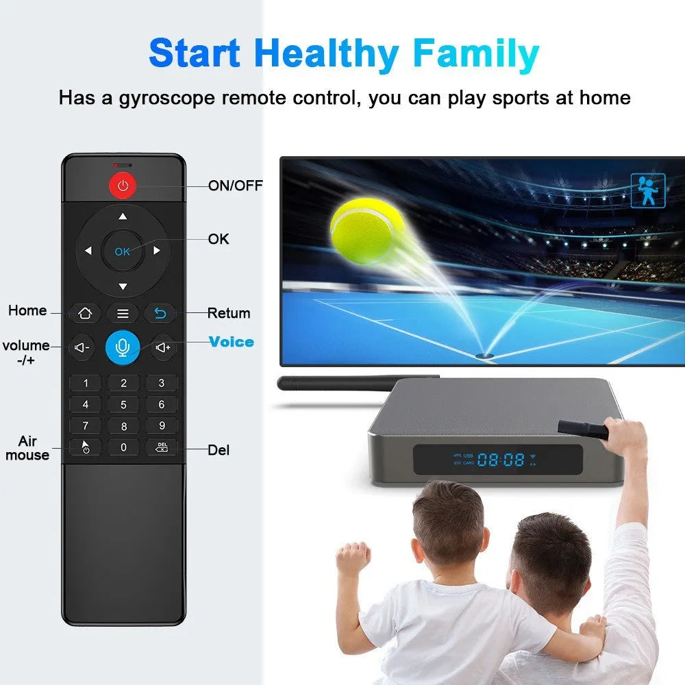 Android TV set-top box with remote control showing HDMI and power ports
