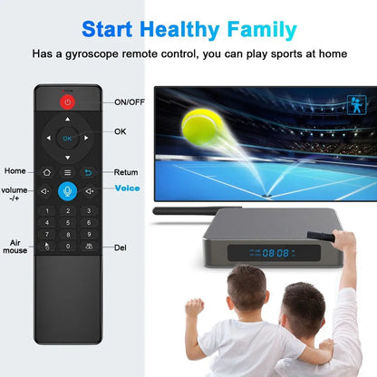 Android TV set-top box with remote control showing HDMI and power ports