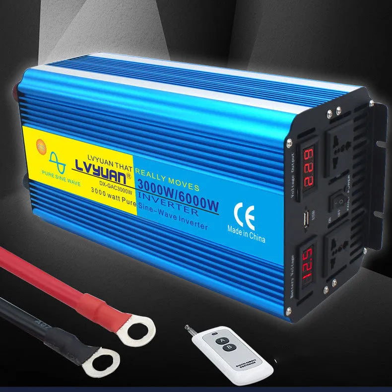 3000W/6000W Dual Digital Display 12V/24V to 220V Pure Sine Wave Inverter with Remote Control for UK Sockets in Blue Finish for Caravan, Marine, and Off-Grid Power Applications