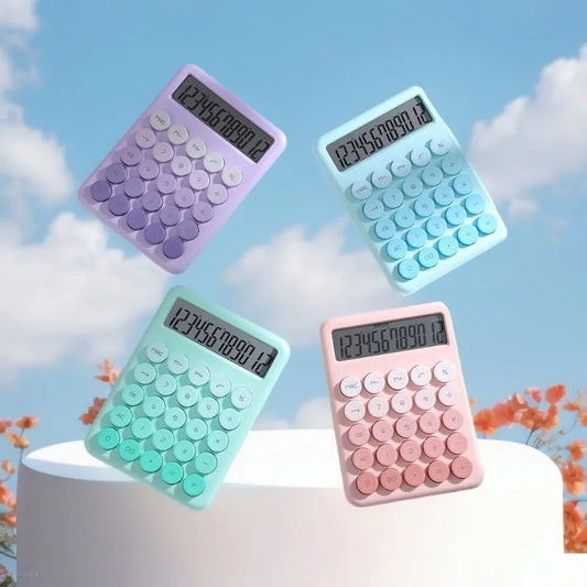 Gradient colour desk calculator with 12-digit display in violet, cherry blossom powder, glacier blue, or mint green options