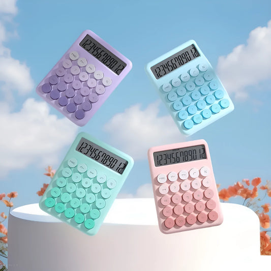 Gradient colour desk calculator with 12-digit display in violet, cherry blossom powder, glacier blue, or mint green options