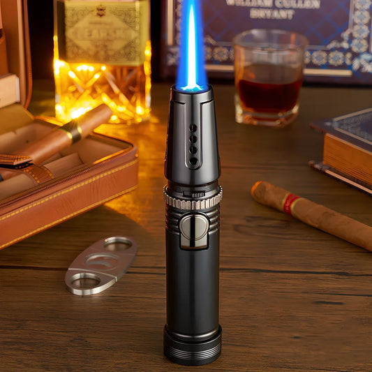 Windproof electronic cigar lighter with blue flame and zinc alloy construction