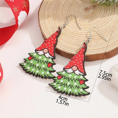 Wooden Christmas earrings with Christmas tree and water drop snowman designs, 3.5cm height