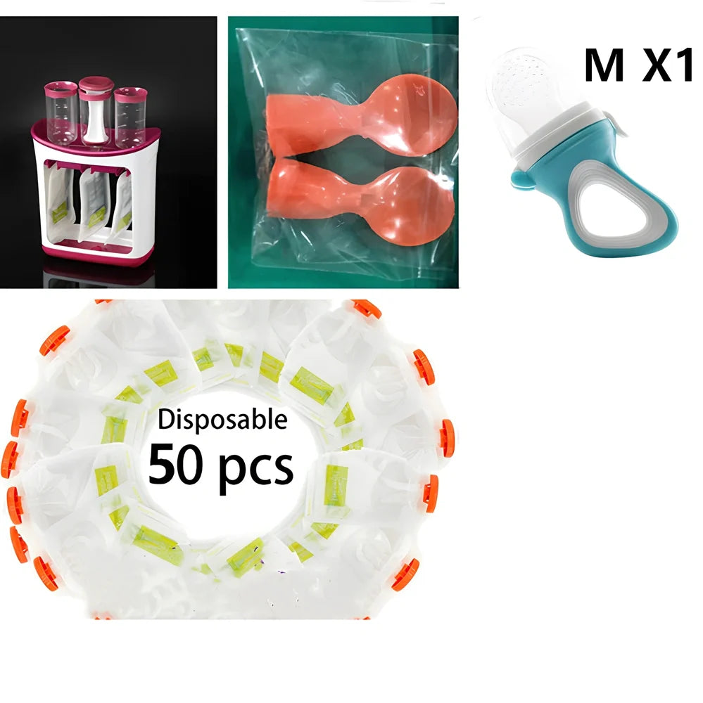 Baby food squeeze station pressing puree into 4-ounce pouch with ABS construction measuring 18x9x22cm