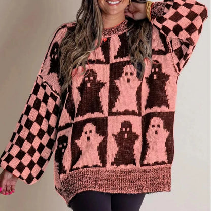A stylish Halloween sweater featuring a unique pumpkin and ghost graphic design, available in a variety of fashion-forward colors.