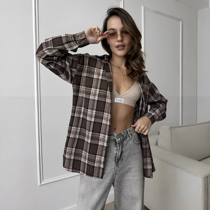 Dark brown retro striped women's long sleeve shirt with a collar and button-up front.