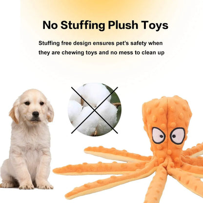 Blue octopus plush dog toy with tentacles, unfilled design with crinkle paper and squeaker sounds