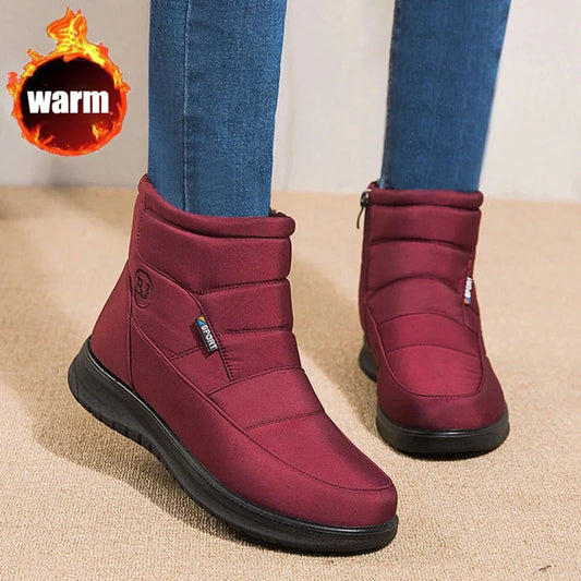Women's waterproof non-slip winter ankle boots in red, black, and brown