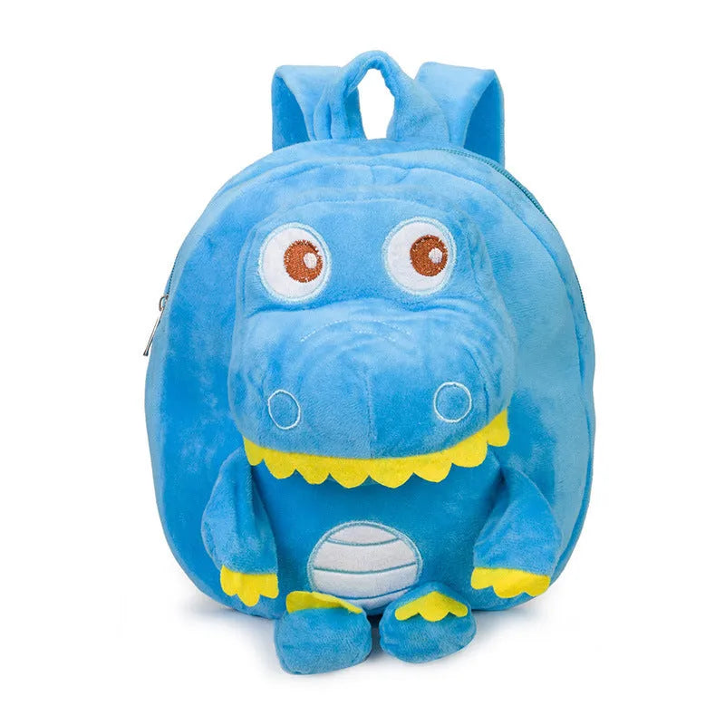 Soft blue dinosaur plush backpack with embroidery detail and a soft handle.