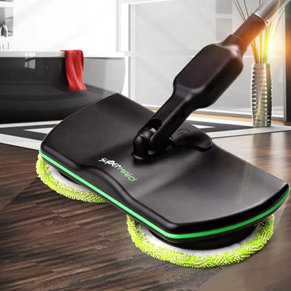 Wireless rotating electric mop with dual cleaning heads and rechargeable battery for cordless floor washing