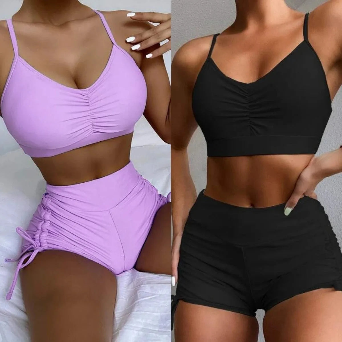 Women's purple or black high-waist split swimsuit with sleeveless design for swimming