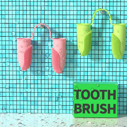 Pet tooth cleaning finger set showing double finger toothbrush covers in pink, blue green, and grass yellow colours.