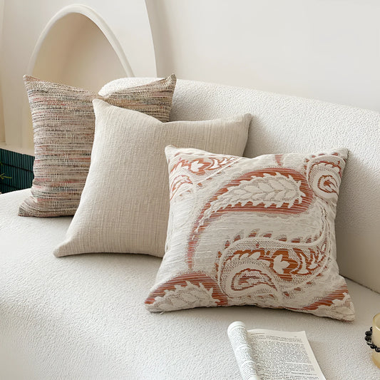 American-style yarn-dyed jacquard sofa pillow cover with thickened paisley design in amber colours, showing plant and flower pattern.