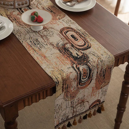 Dark blue jacquard stripe table flag with tassel trim, 32cm wide, showing textured weave pattern