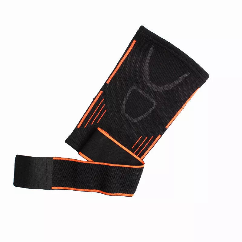Breathable knitted sports elbow guard with adjustable straps in black and orange