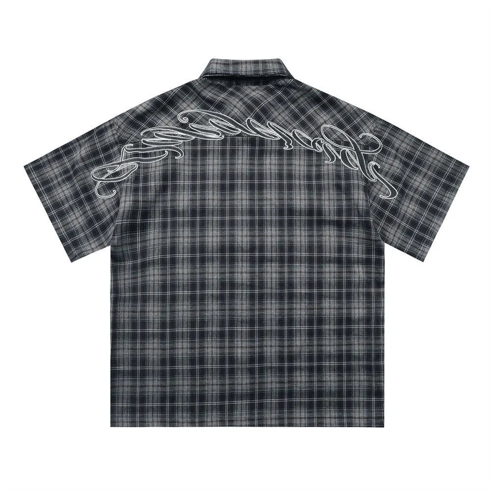 Men's black embroidered plaid short sleeve shirt with loose fit and lapel collar