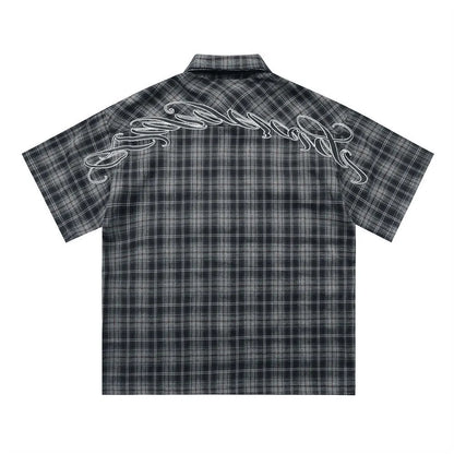 Men's black embroidered plaid short sleeve shirt with loose fit and lapel collar