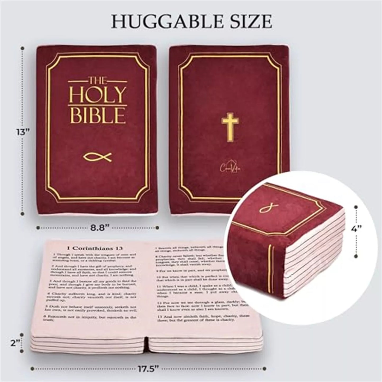 Soft red Bible pillow plush toy for kids, featuring 1st Corinthians 13 inside