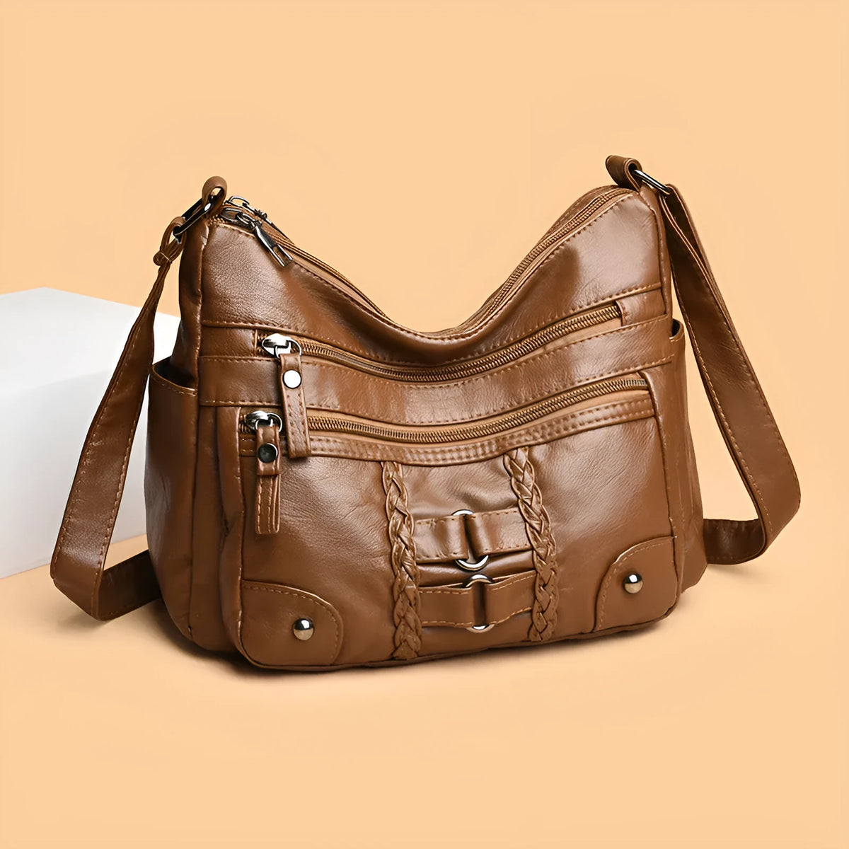 PU shoulder messenger bag with single strap, open outer pocket, and zip inner compartment in black, red, brown, or beige.