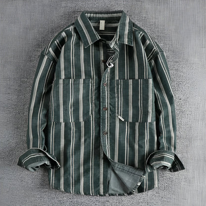 Men's vintage striped shirt with yarn-dyed fabric in loose Japanese retro style