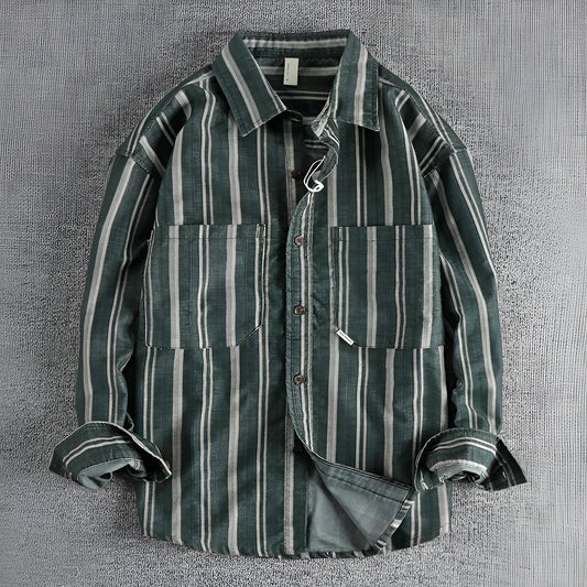 Men's vintage striped shirt with yarn-dyed fabric in loose Japanese retro style