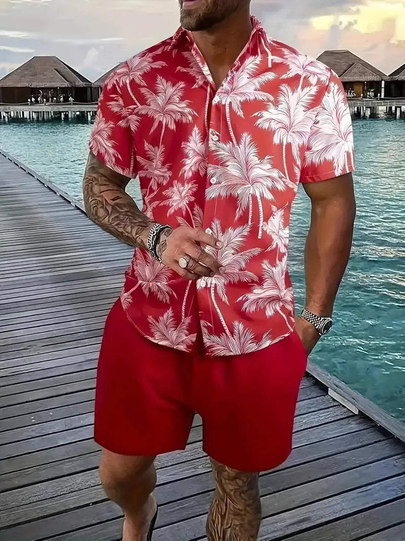 Men's Hawaii 3D printed short sleeve suit with textured patterns on polyester fabric