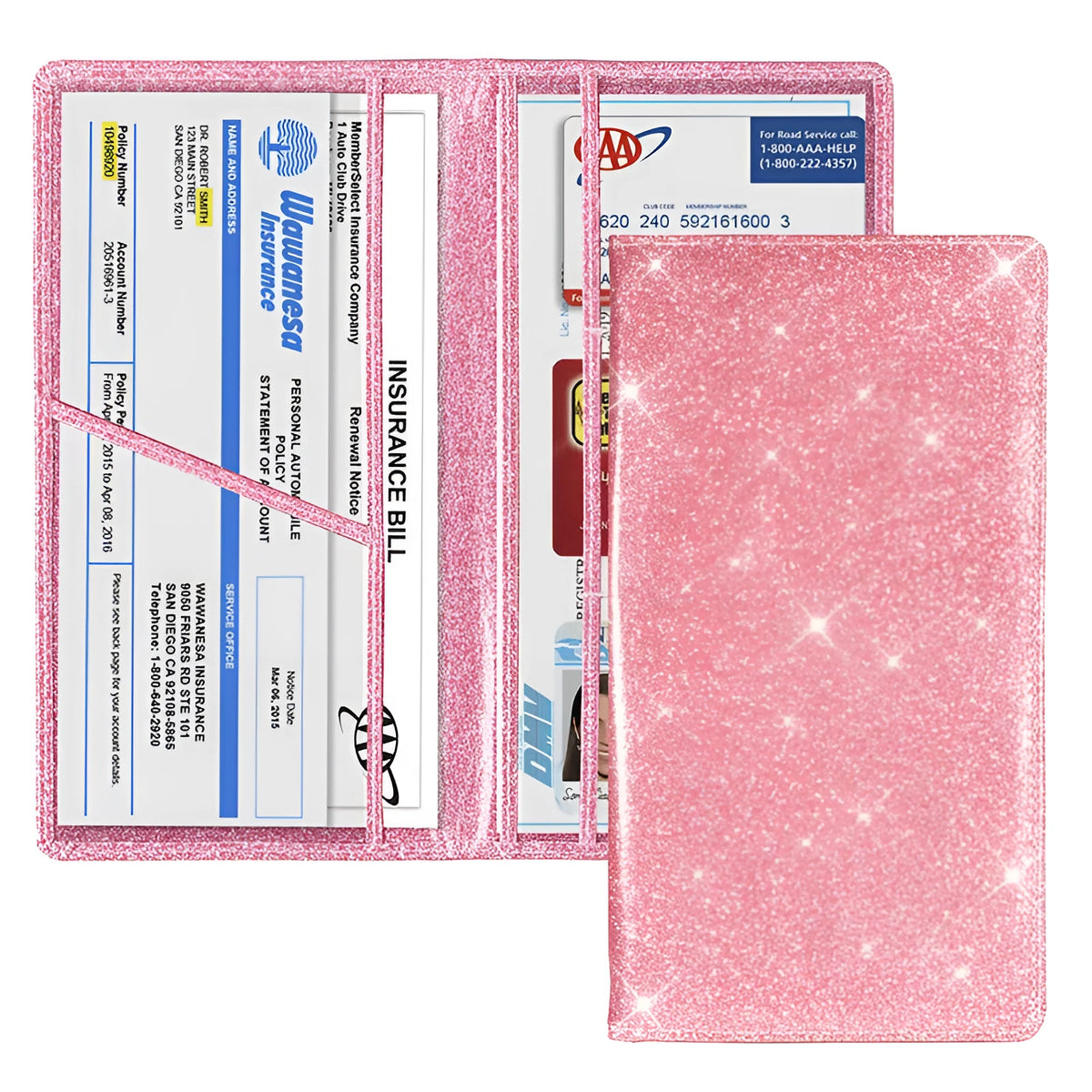 Purple PU leather car document wallet for holding a V5C registration document and insurance certificate.