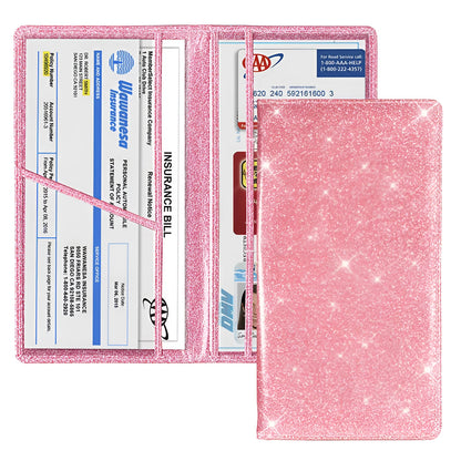 Purple PU leather car document wallet for holding a V5C registration document and insurance certificate.