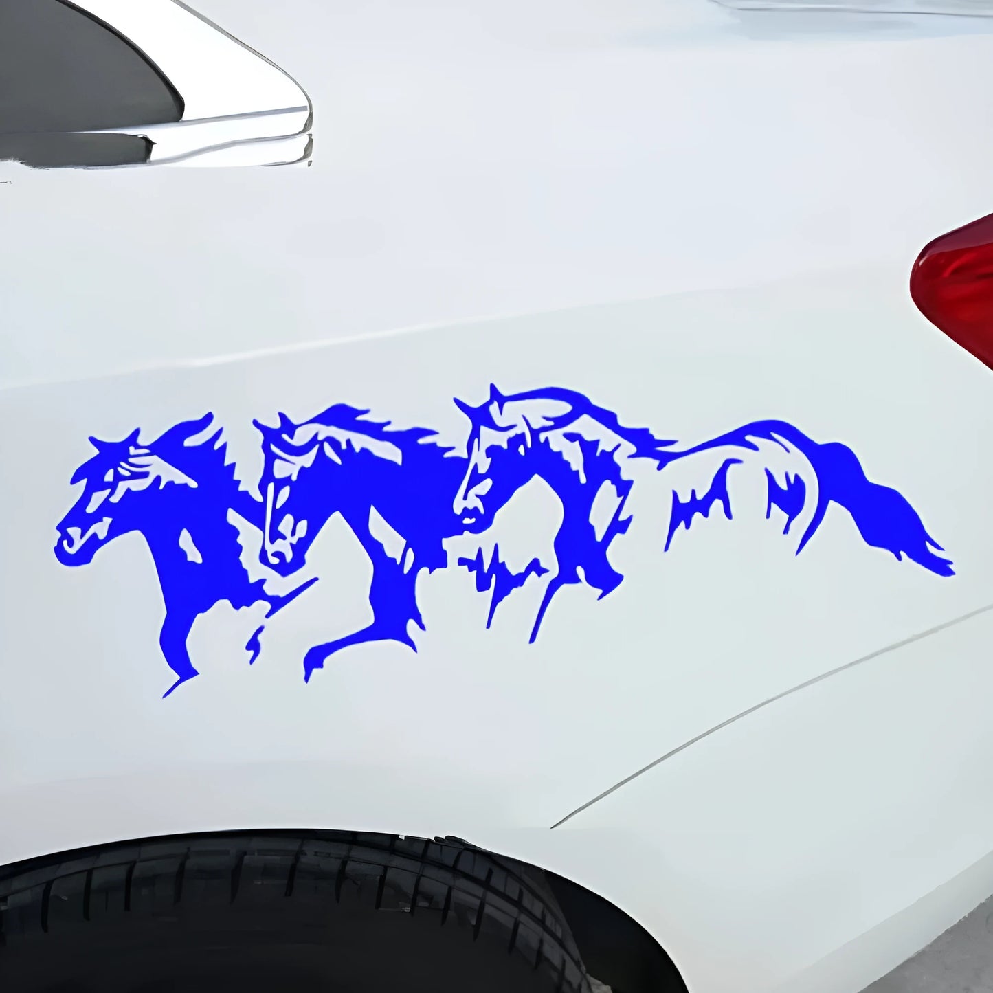 Three horses car sticker vinyl decal measuring 25cm by 8cm in black, white, red, and blue colours