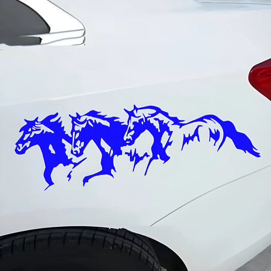 Three horses car sticker vinyl decal measuring 25cm by 8cm in black, white, red, and blue colours
