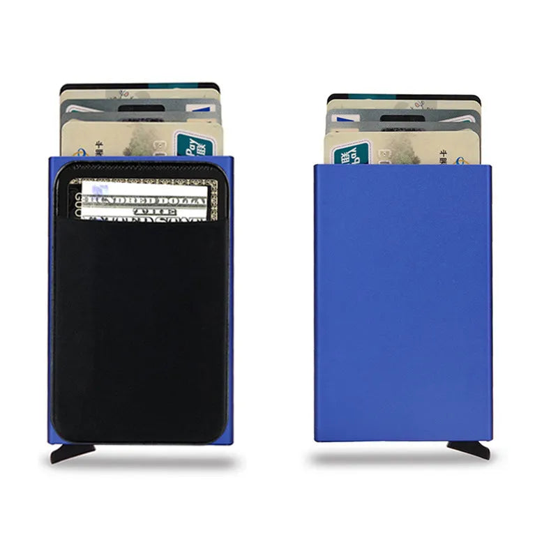 Aluminium alloy credit card holder with frosted finish measuring 9.5x6x1.0cm, showing RFID protection for 4-6 cards