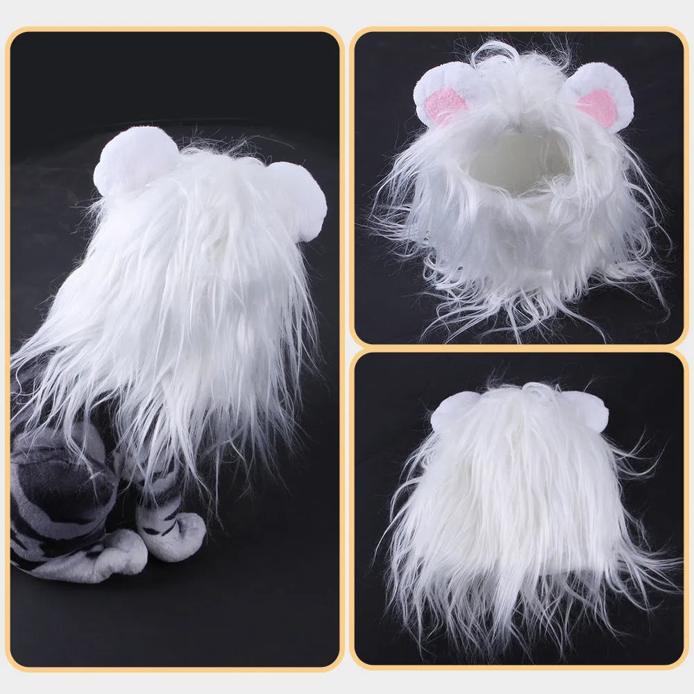 Black lion headgear wig hat costume accessory fitting on cat's head