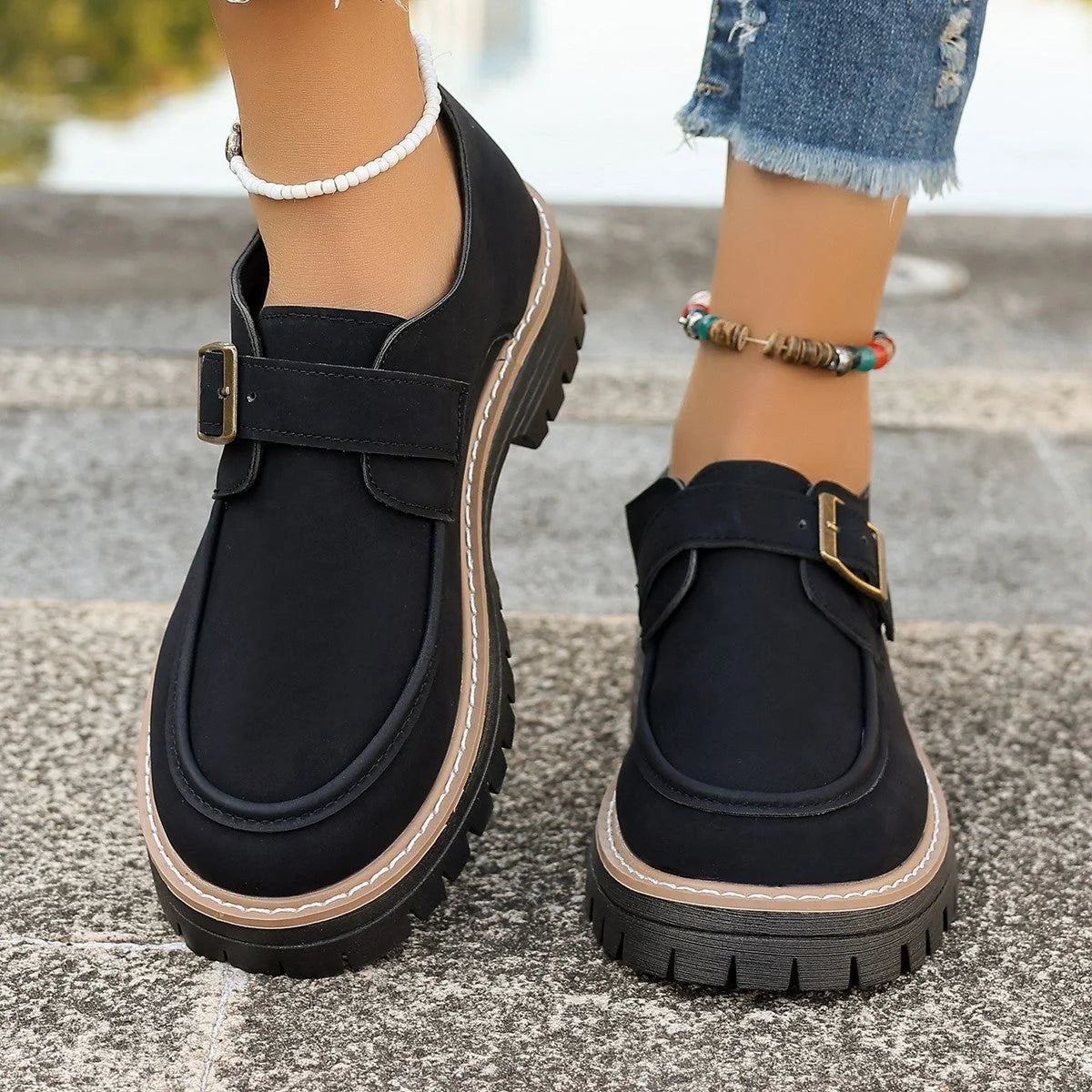 Stylish women's buckle loafers with thick sole for height increase